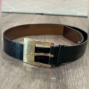 Michael Kors Brass Buckle Black Leather Monogram MK Logo Everywhere Belt Small